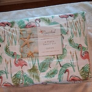 Coastal Collection Flamingo Print Queen Sheet Set